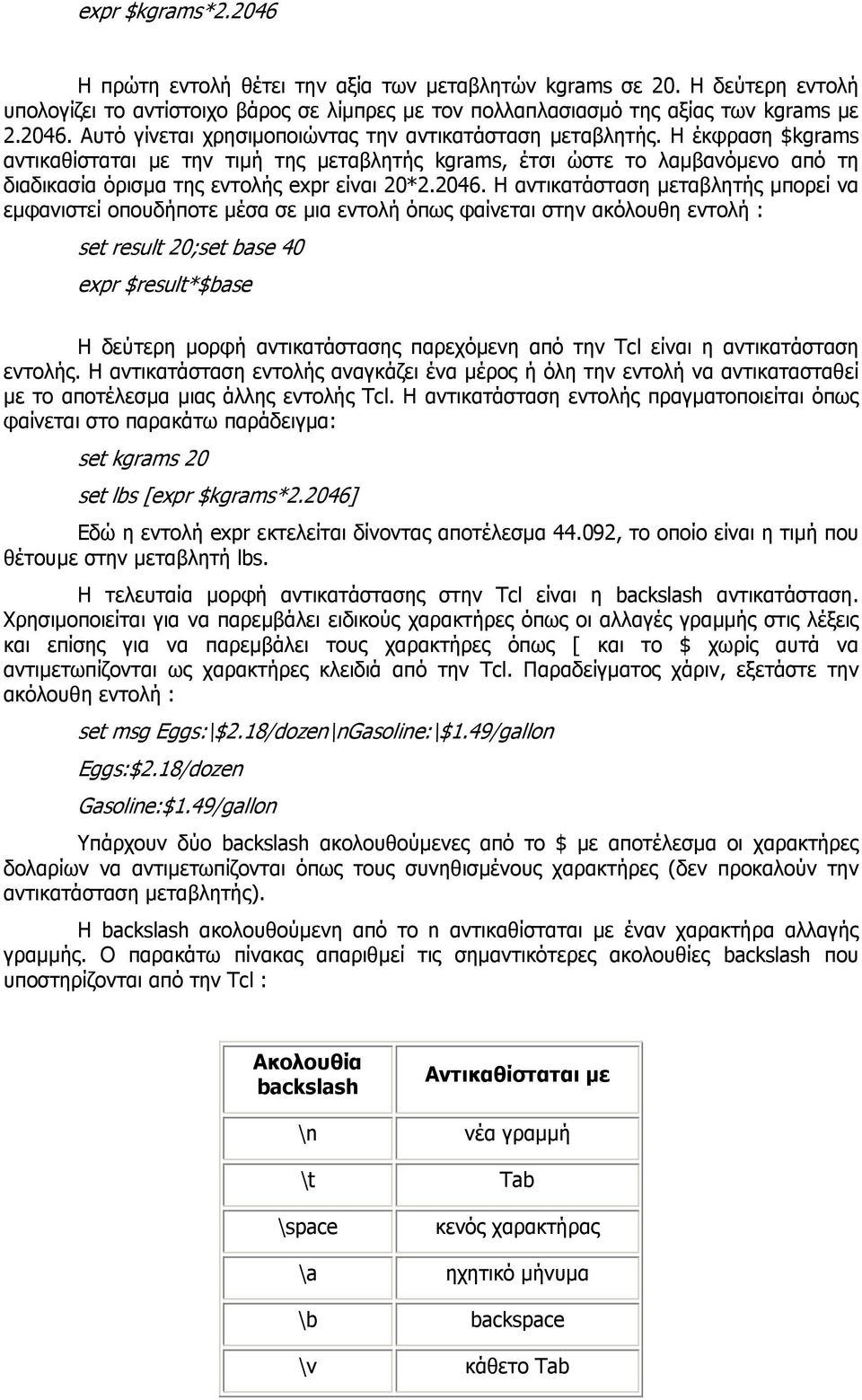 Η αντικατάσταση µεταβλητής µπορεί να εµφανιστεί οπουδήποτε µέσα σε µια εντολή όπως φαίνεται στην ακόλουθη εντολή : set result 20;set base 40 expr $result*$base Η δεύτερη µορφή αντικατάστασης