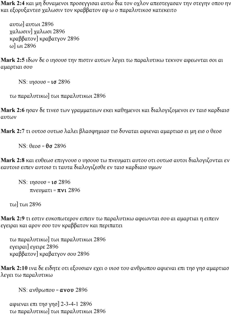 καθημενοι και διαλογιζομενοι εν ταισ καρδιαισ αυτων Mark 2:7 τι ουτοσ ουτωσ λαλει βλασφημιασ τισ δυναται αφιεναι αμαρτιασ ει μη εισ ο θεοσ NS: θεοσ = θσ 2896 Mark 2:8 και ευθεωσ επιγνουσ ο ιησουσ τω