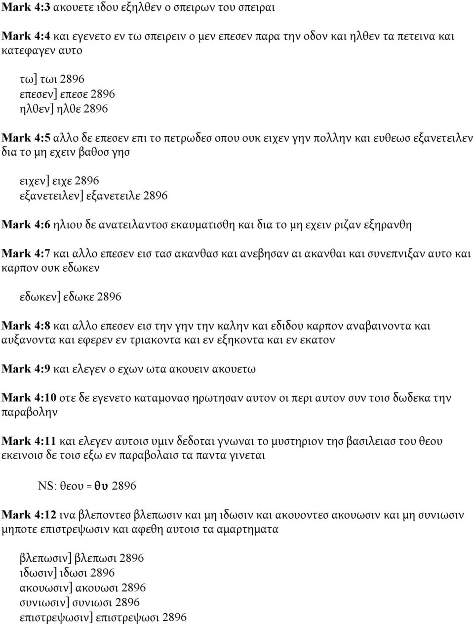 εκαυματισθη και δια το μη εχειν ριζαν εξηρανθη Mark 4:7 και αλλο επεσεν εισ τασ ακανθασ και ανεβησαν αι ακανθαι και συνεπνιξαν αυτο και καρπον ουκ εδωκεν εδωκεν] εδωκε 2896 Mark 4:8 και αλλο επεσεν