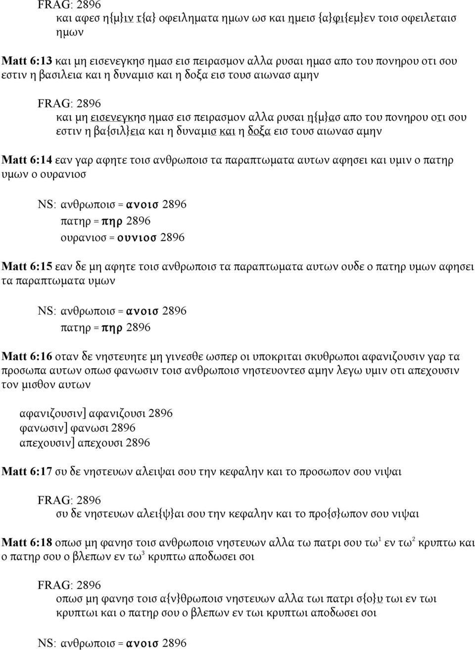 γαρ αφητε τοισ ανθρωποισ τα παραπτωματα αυτων αφησει και υμιν ο πατηρ υμων ο ουρανιοσ NS: ανθρωποισ = ανοισ 2896 πατηρ = πηρ 2896 ουρανιοσ = ουνιοσ 2896 Matt 6:15 εαν δε μη αφητε τοισ ανθρωποισ τα