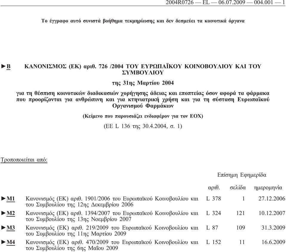 ανθρώπινη και για κτηνιατρική χρήση και για τη σύσταση Ευρωπαϊκού Οργανισμού Φαρμάκων (Κείμενο που παρουσιάζει ενδιαφέρον για τον ΕΟΧ) (EE L 136 της 30.4.2004, σ.