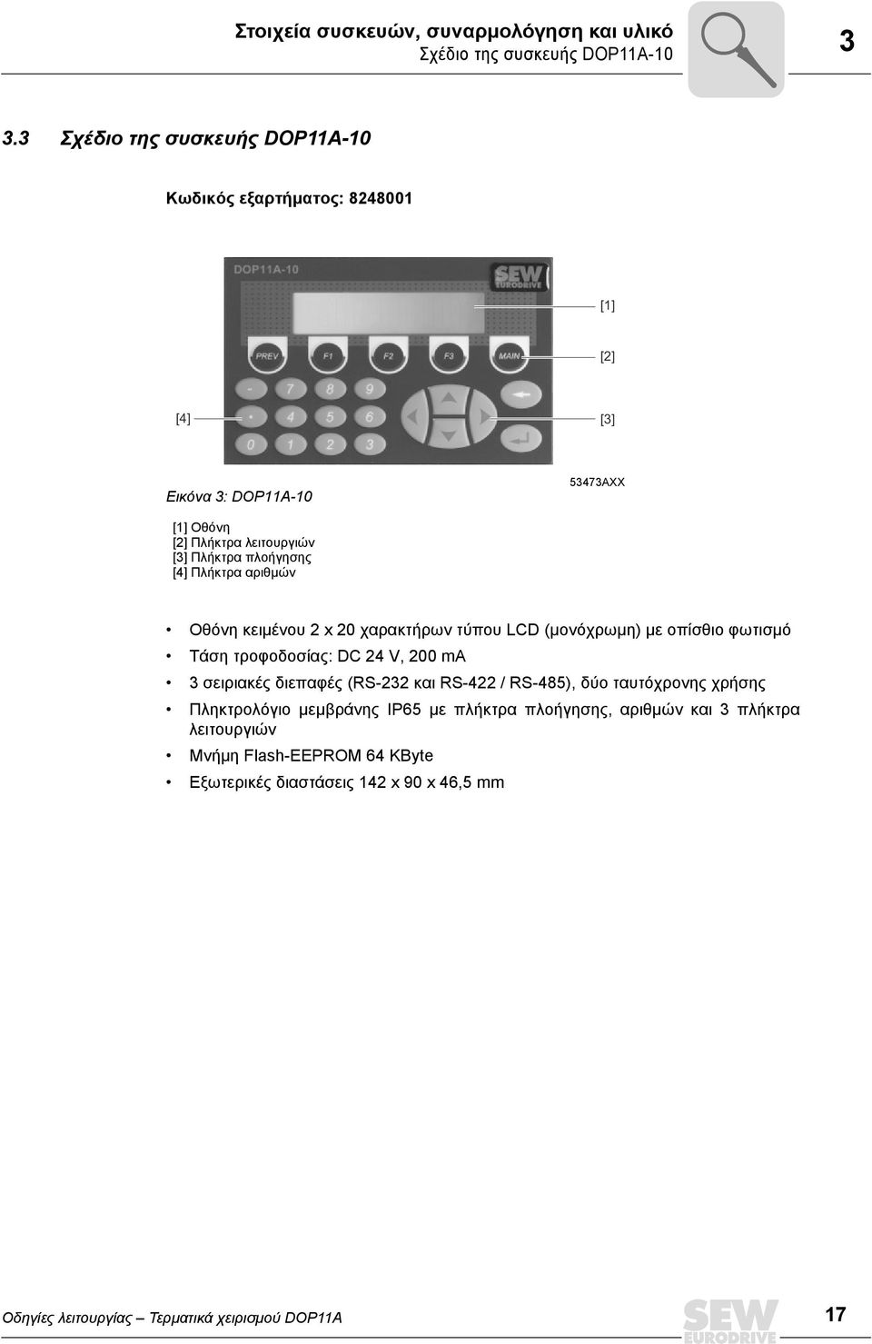 πλοήγησης [4] Πλήκτρα αριθμών Οθόνη κειμένου 2 x 20 χαρακτήρων τύπου LCD (μονόχρωμη) με οπίσθιο φωτισμό Τάση τροφοδοσίας: DC 24 V, 200 ma 3 σειριακές διεπαφές