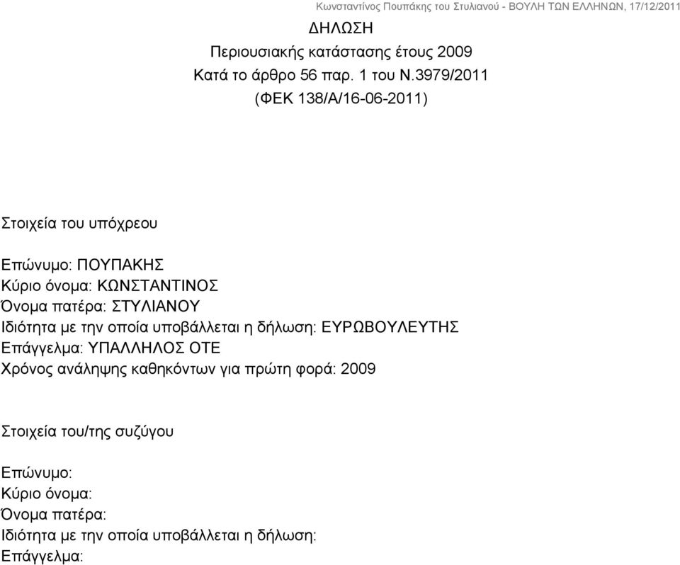 πατέρα: ΣΤΥΛΙΑΝΟΥ Ιδιότητα με την οποία υποβάλλεται η δήλωση: ΒΟΥΛΕΥΤΗΣ Επάγγελμα: ΥΠΑΛΛΗΛΟΣ ΟΤΕ Χρόνος