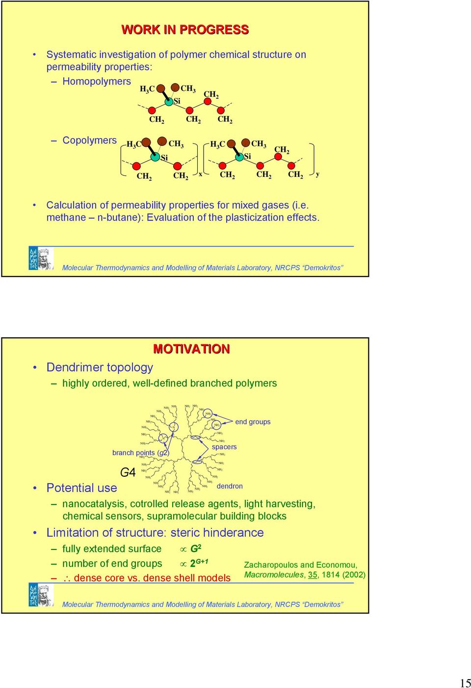 Molecular Thermodynamcs and Modellng of Materals Laboratory, RCPS Demokrtos MOTIVATIO Dendrmer topology hghly ordered, well-defned branched polymers H H H H G4 H H H H H H Potental use dendron H H H