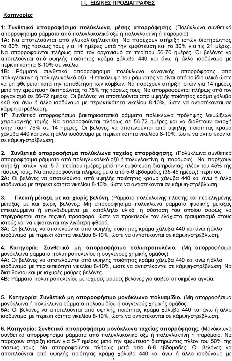 Να παρέχουν στήριξη ιστών διατηρώντας το 80% της τάσεως τους για 14 ημέρες μετά την εμφύτευση και το 30% για τις 21 μέρες. Να απορροφούνται πλήρως από τον οργανισμό σε περίπου 56-70 ημέρες.