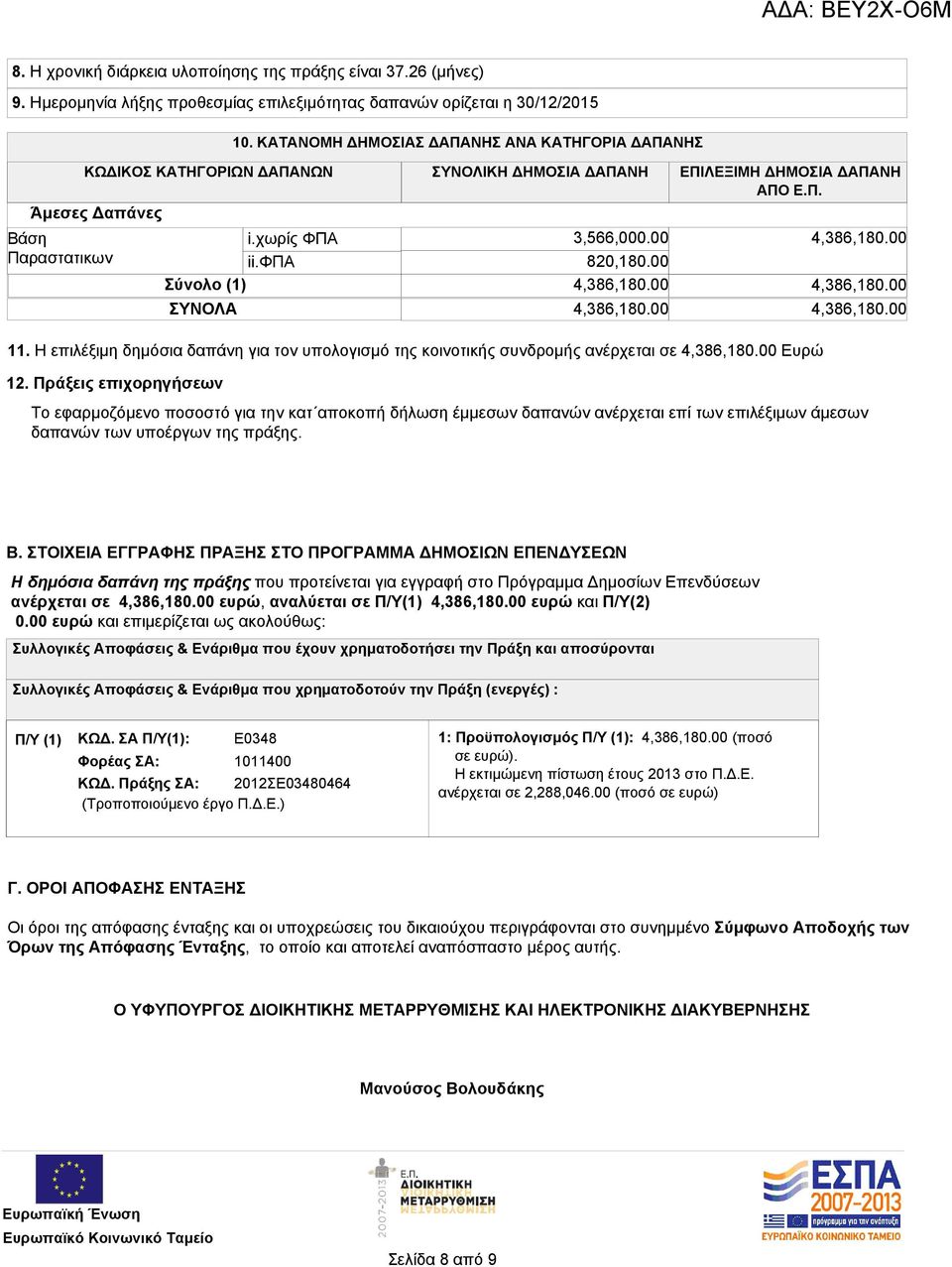 00 820,180.00 Σύνολο (1) 4,386,180.00 ΣΥΝΟΛΑ 4,386,180.00 4,386,180.00 4,386,180.00 4,386,180.00 11. Η επιλέξιμη δημόσια δαπάνη για τον υπολογισμό της κοινοτικής συνδρομής ανέρχεται σε 4,386,180.