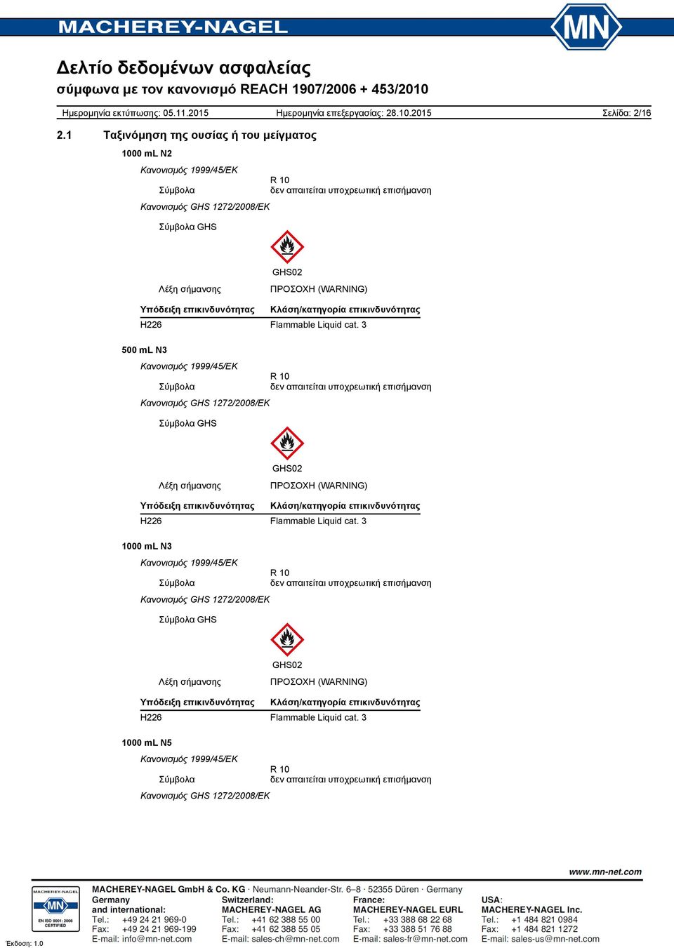 Κλάση/κατηγορία επικινδυνότητας H226 Flammable Liquid cat.