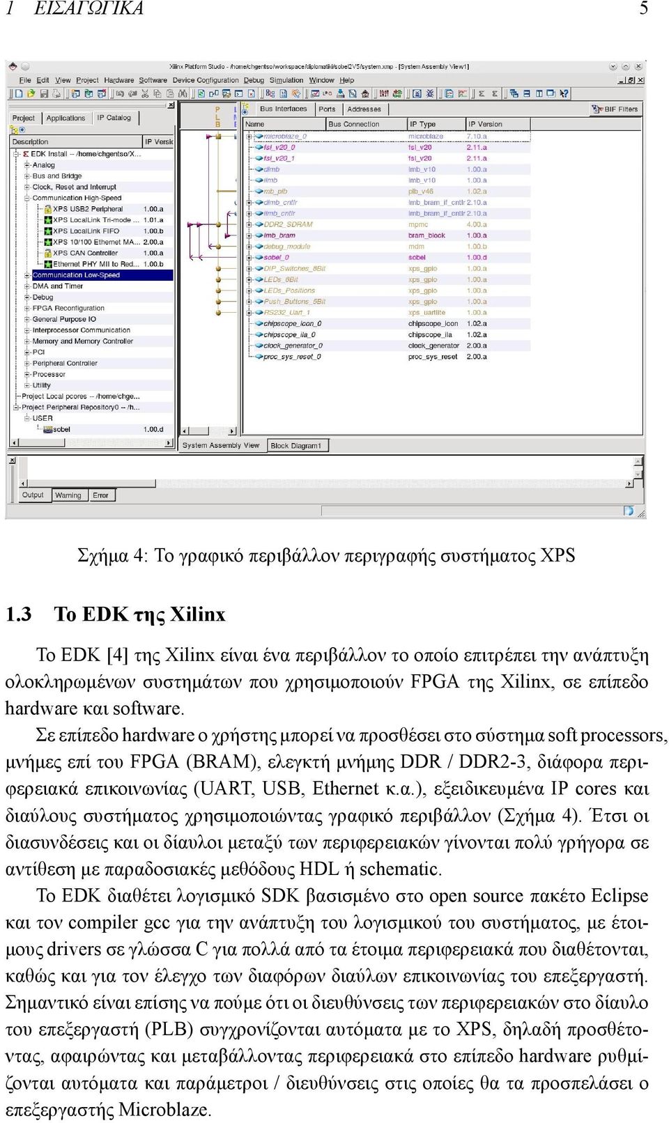 Σε επίπεδο hardware ο χρήστης μπορεί να προσθέσει στο σύστημα soft processors, μνήμες επί του FPGA (BRAM), ελεγκτή μνήμης DDR / DDR2-3, διάφορα περιφερειακά επικοινωνίας (UART, USB, Ethernet κ.α.), εξειδικευμένα IP cores και διαύλους συστήματος χρησιμοποιώντας γραφικό περιβάλλον (Σχήμα 4).