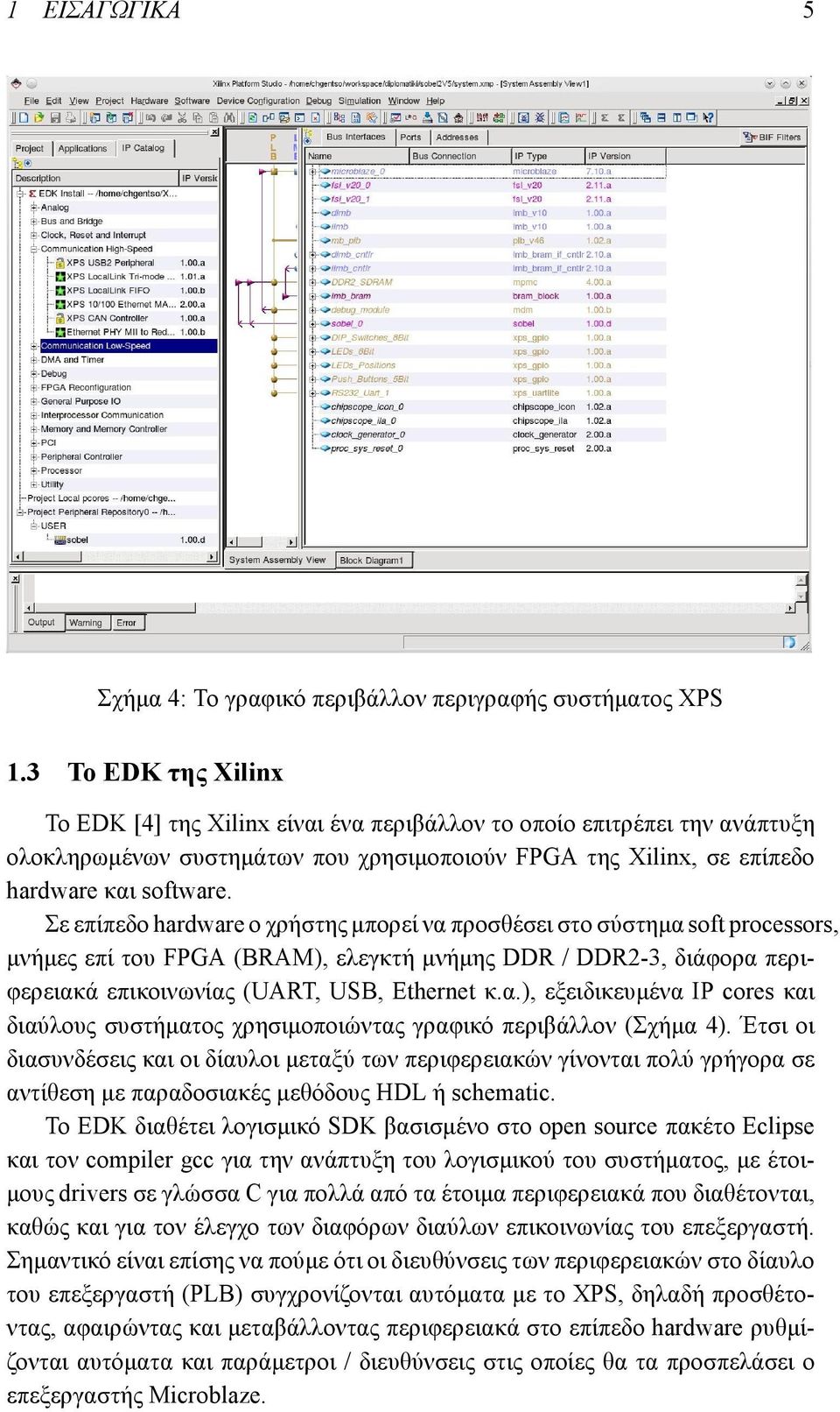 Σε επίπεδο hardware ο χρήστης μπορεί να προσθέσει στο σύστημα soft processors, μνήμες επί του FPGA (BRAM), ελεγκτή μνήμης DDR / DDR2-3, διάφορα περιφερειακά επικοινωνίας (UART, USB, Ethernet κ.α.), εξειδικευμένα IP cores και διαύλους συστήματος χρησιμοποιώντας γραφικό περιβάλλον (Σχήμα 4).