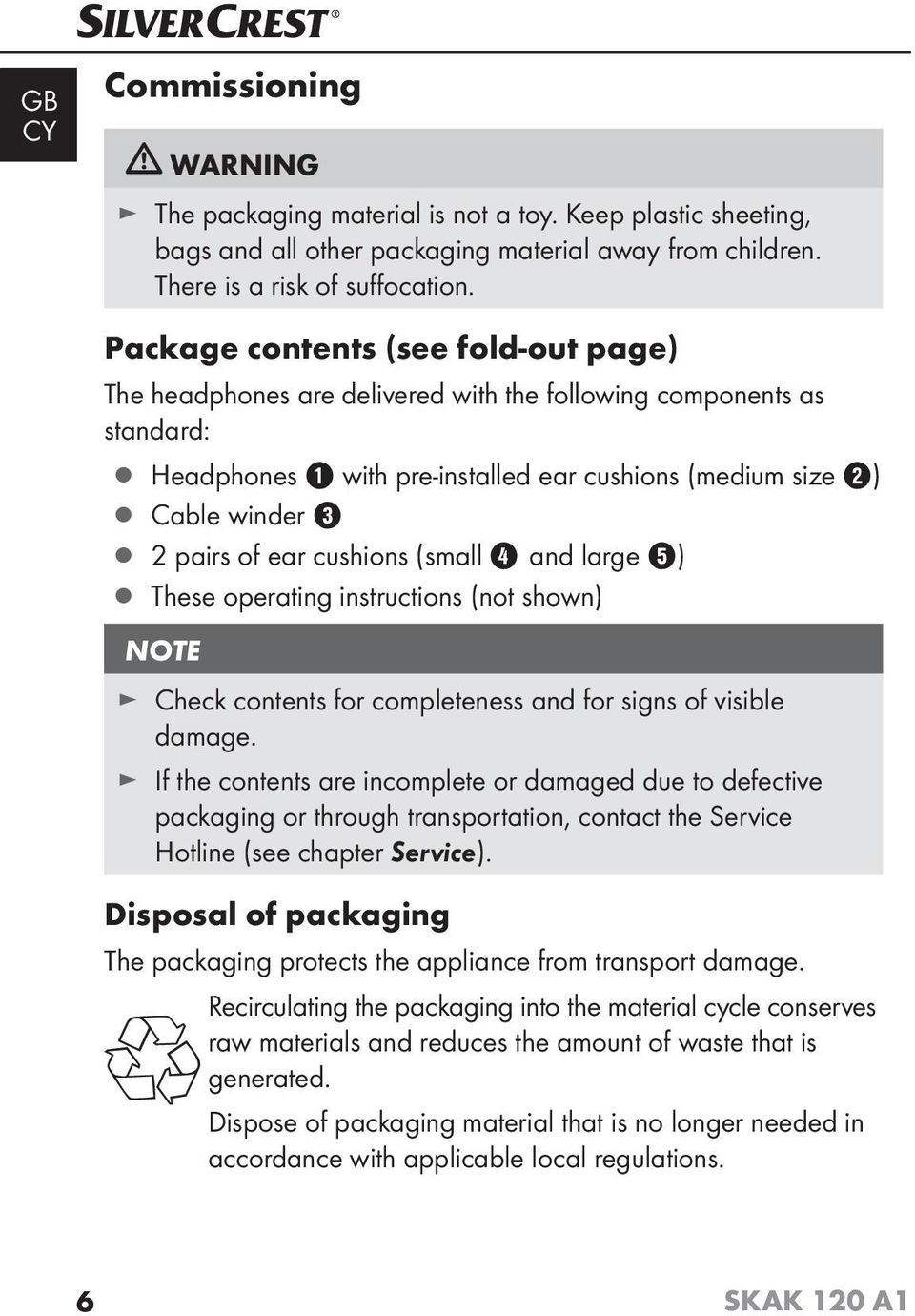 cushions (small 4 and large 5) These operating instructions (not shown) NOTE Check contents for completeness and for signs of visible damage.