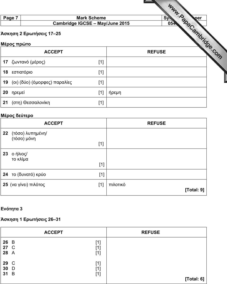 REFUSE 22 (τόσο) λυπηµένη/ (τόσο) µόνη 23 ο ήλιος/ το κλίµα [1] [1] 24 το (δυνατό) κρύο [1] 25 (να γίνει) πιλότος [1]