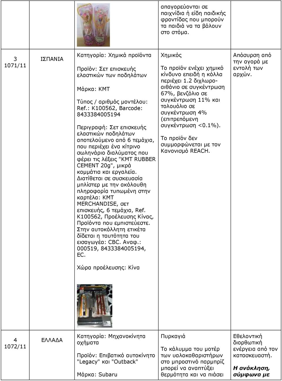 : K100562, Barcode: 8433384005194 Περιγραφή: Σετ επισκευής ελαστικών ποδηλάτων αποτελούµενο από 6 τεµάχια, που περιέχει ένα κίτρινο σωληνάριο διαλύµατος που φέρει τις λέξεις "KMT RUBBER CEMENT 20g",