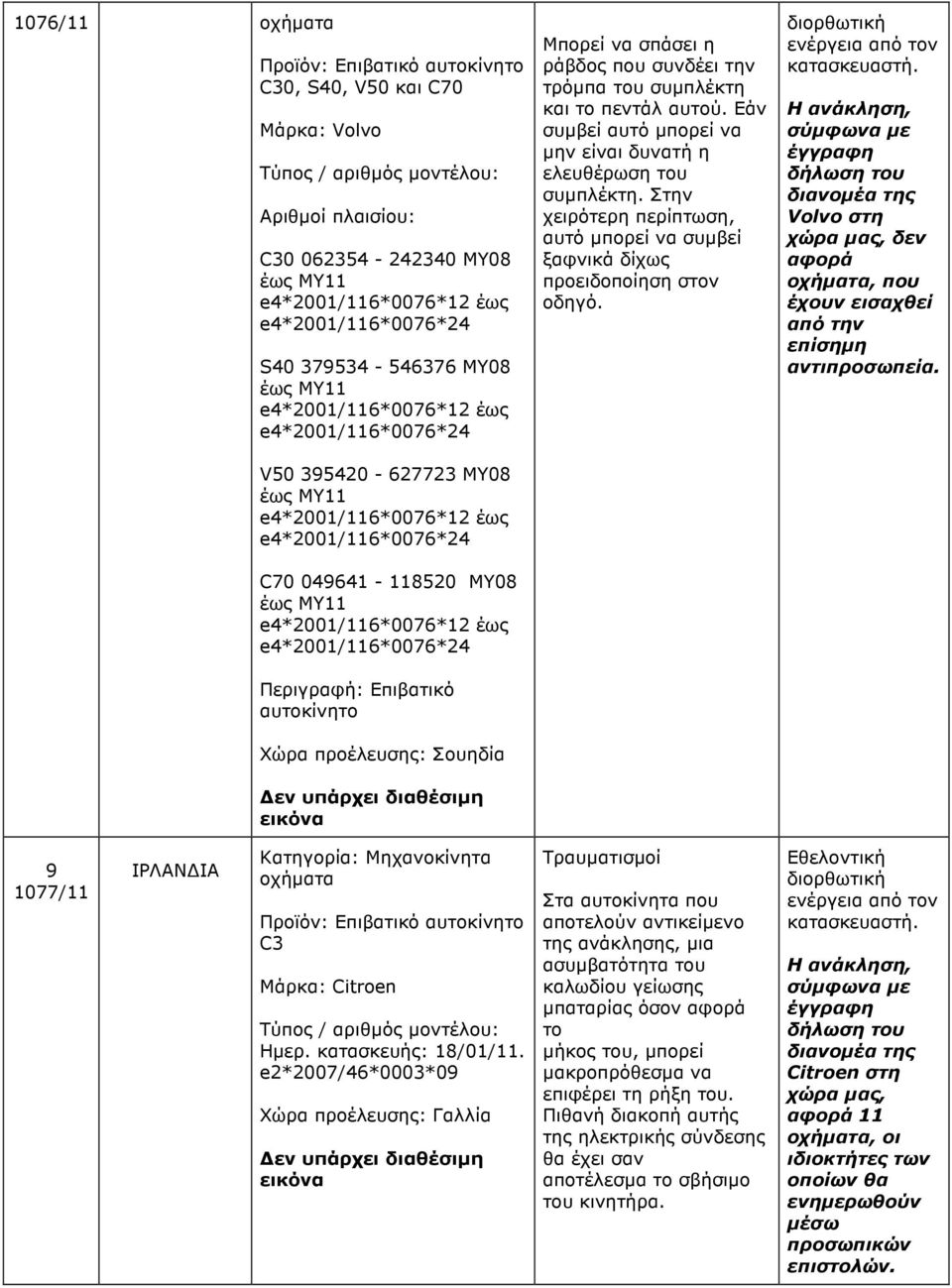 e4*2001/116*0076*24 Περιγραφή: Επιβατικό αυτοκίνητο Χώρα προέλευσης: Σουηδία εν υπάρχει διαθέσιµη εικόνα Μπορεί να σπάσει η ράβδος που συνδέει την τρόµπα του συµπλέκτη και το πεντάλ αυτού.