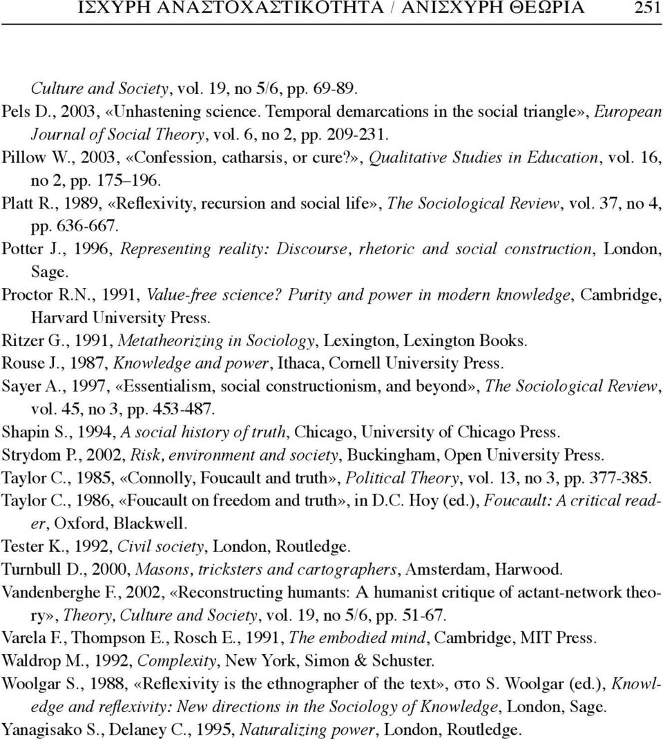 16, no 2, pp. 175 196. Platt R., 1989, «Reflexivity, recursion and social life», The Sociological Review, vol. 37, no 4, pp. 636-667. Potter J.