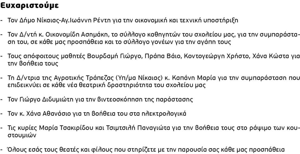 Βάιο, Κοντογεώργη Χρήστο, Χάνα Κώστα για την βοήθεια τους - Τη Δ/ντρια της Αγροτικής Τράπεζας (Υπ/μα Νίκαιας) κ.