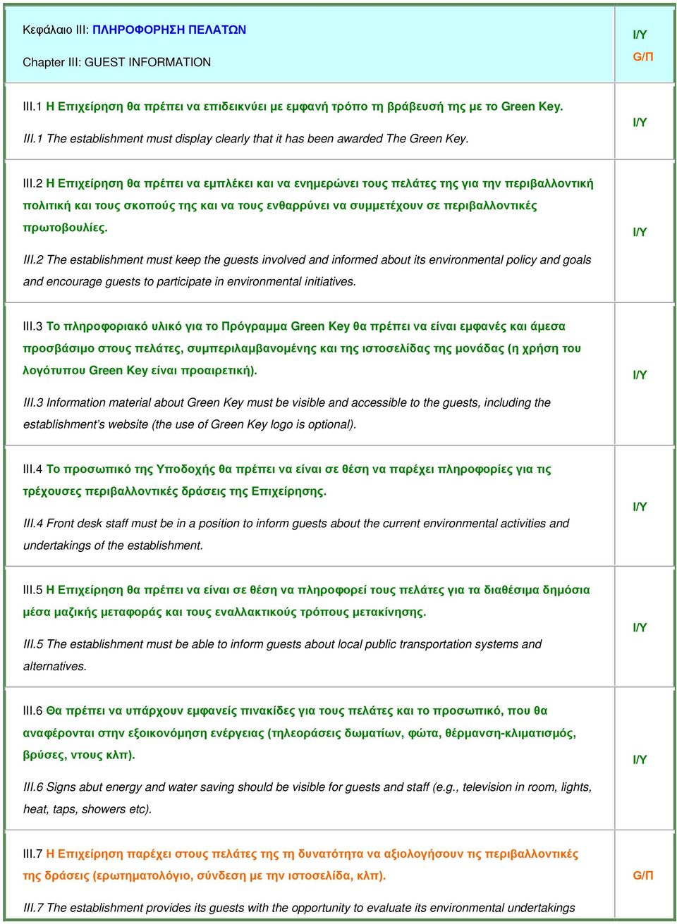 III.2 The establishment must keep the guests involved and informed about its environmental policy and goals and encourage guests to participate in environmental initiatives. III.