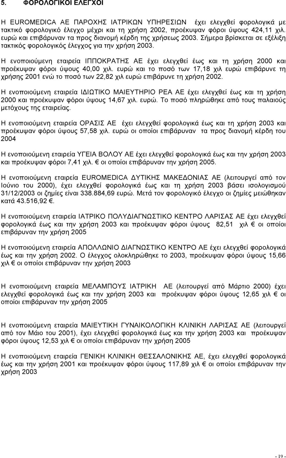 Η ενοποιούµενη εταιρεία ΙΠΠΟΚΡΑΤΗΣ ΑΕ έχει ελεγχθεί έως και τη χρήση 2000 και προέκυψαν φόροι ύψους 40,00 χιλ.