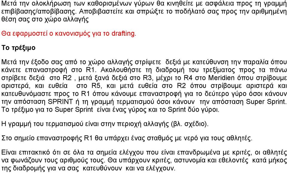 Το τρέξιμο Μετά την έξοδο σας από το χώρο αλλαγής στρίψετε δεξιά με κατεύθυνση την παραλία όπου κάνετε επαναστροφή στο R1.