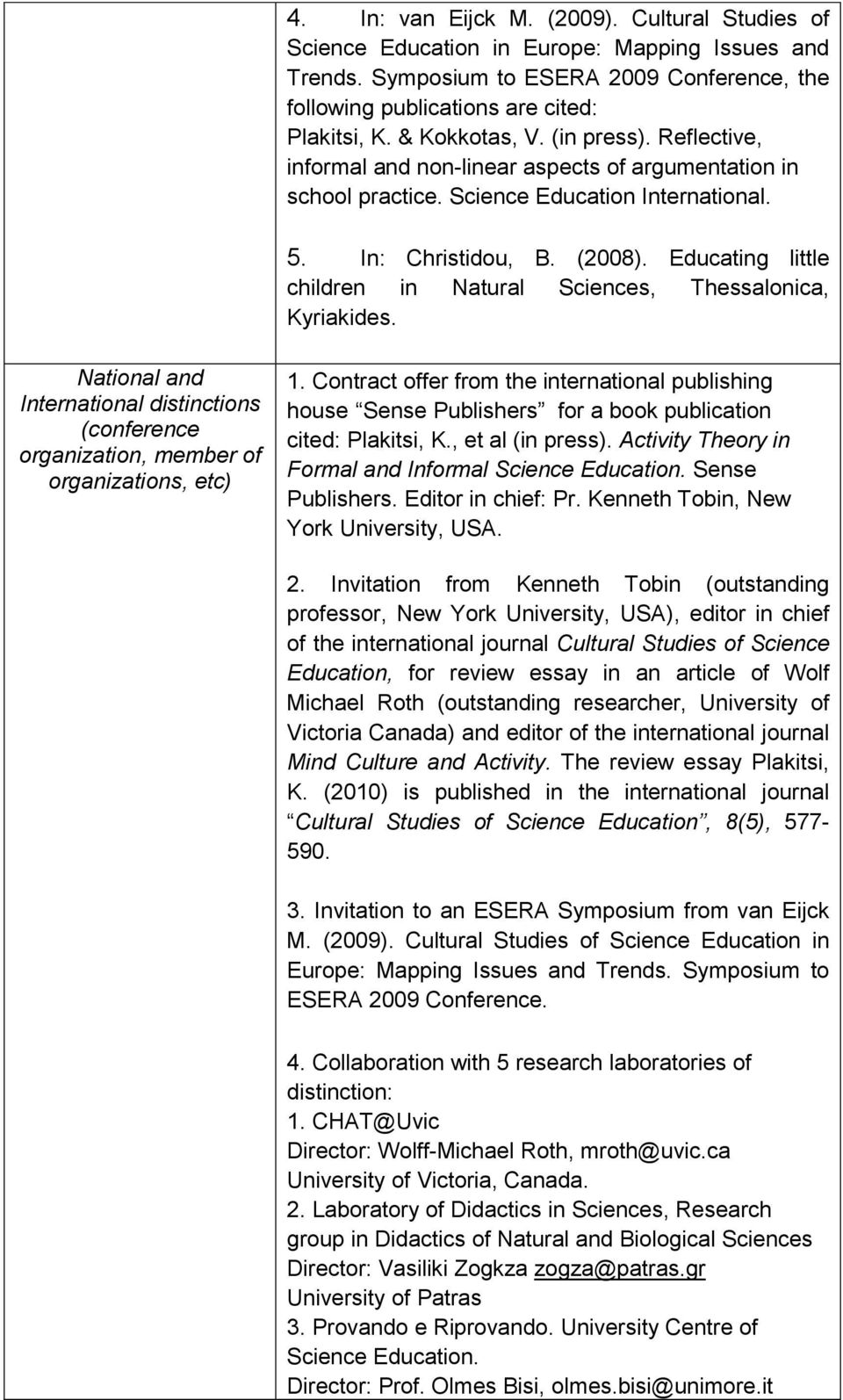 Educating little children in Natural Sciences, Thessalonica, Κyriakides. National and International distinctions (conference organization, member of organizations, etc) 1.