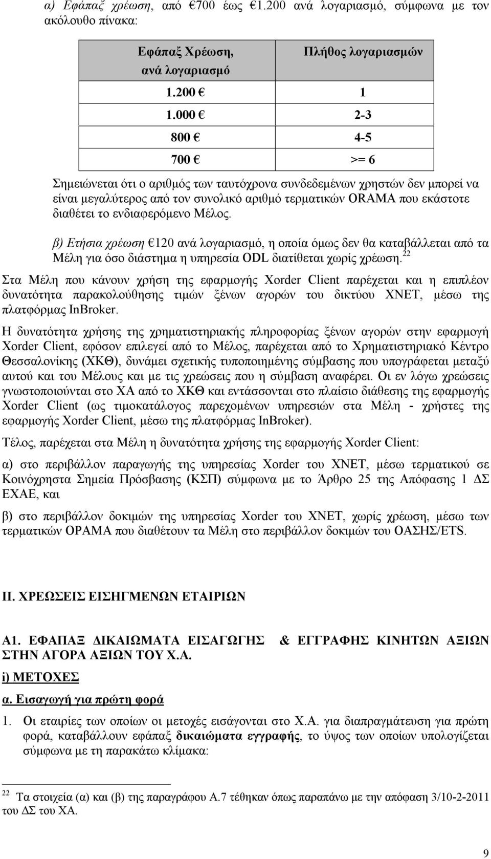 Μέλος. β) Ετήσια χρέωση 120 ανά λογαριασμό, η οποία όμως δεν θα καταβάλλεται από τα Μέλη για όσο διάστημα η υπηρεσία ODL διατίθεται χωρίς χρέωση.