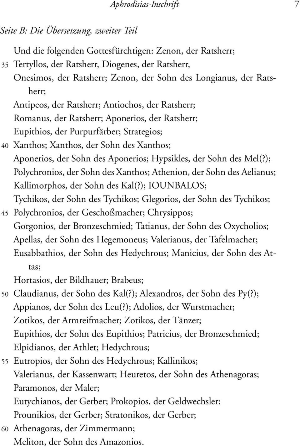 Xanthos, der Sohn des Xanthos; Aponerios, der Sohn des Aponerios; Hypsikles, der Sohn des Mel(?); Polychronios, der Sohn des Xanthos; Athenion, der Sohn des Aelianus; Kallimorphos, der Sohn des Kal(?