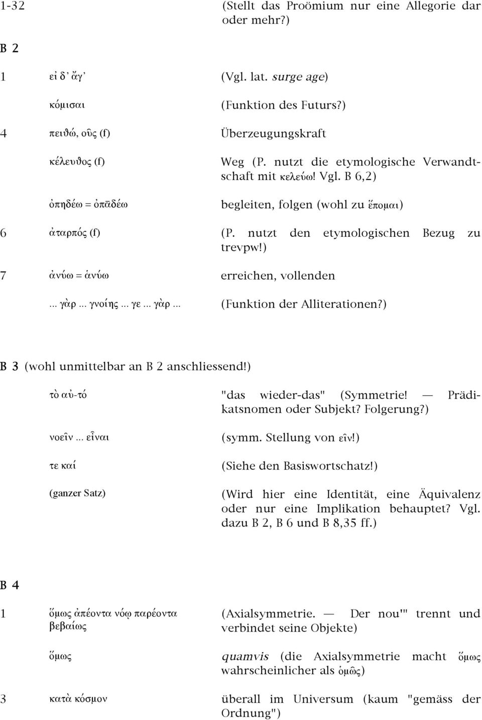 .. γνοίης... γε... γὰρ... (Funktion der Alliterationen?) B 3 (wohl unmittelbar an B 2 anschliessend!) τὸ αὐ-τό "das wieder-das" (Symmetrie! Prädikatsnomen oder Subjekt? Folgerung?) νοεῖν.