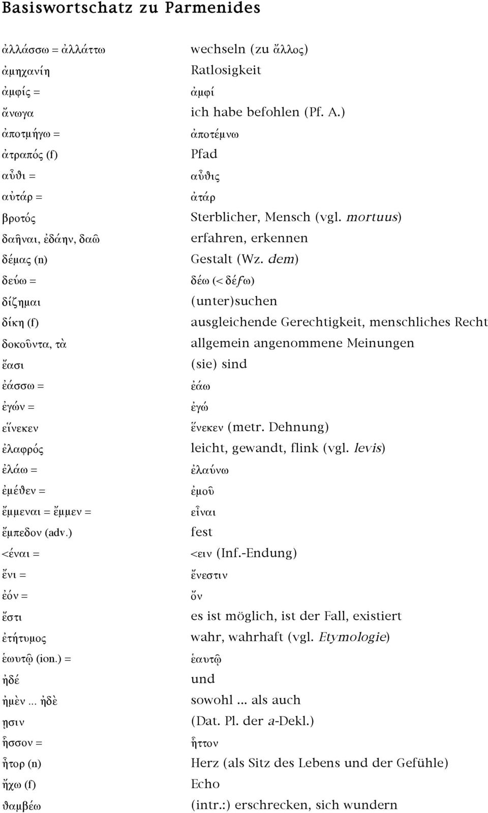 .. ἠδὲ ῃσιν ἧσσον = ἦτορ (n) ἤχω (f) θαμβέω wechseln (zu ἄλλος) Ratlosigkeit ἀμφί ich habe befohlen (Pf. A.) ἀποτέμνω Pfad αὖθις ἀτάρ Sterblicher, Mensch (vgl. mortuus) erfahren, erkennen Gestalt (Wz.