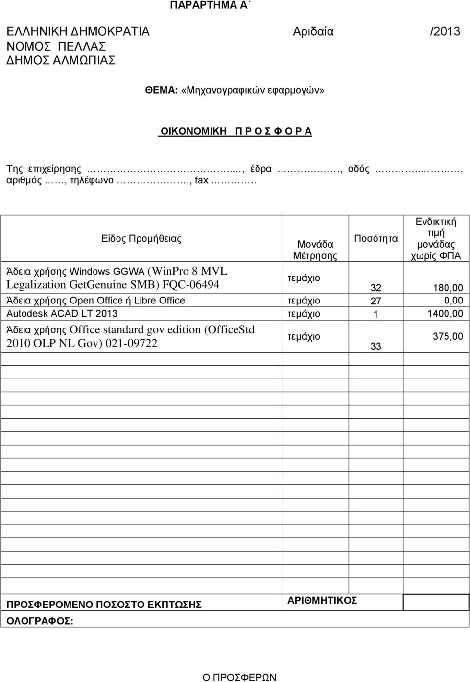 . Δίδνο Πξνκήζεηαο Άδεηα ρξήζεο Windows GGWA (WinPro 8 MVL Legalization GetGenuine SMB) FQC-06494 Μνλάδα Μέηξεζεο Πνζόηεηα Δλδηθηηθή ηηκή κνλάδαο ρσξίο