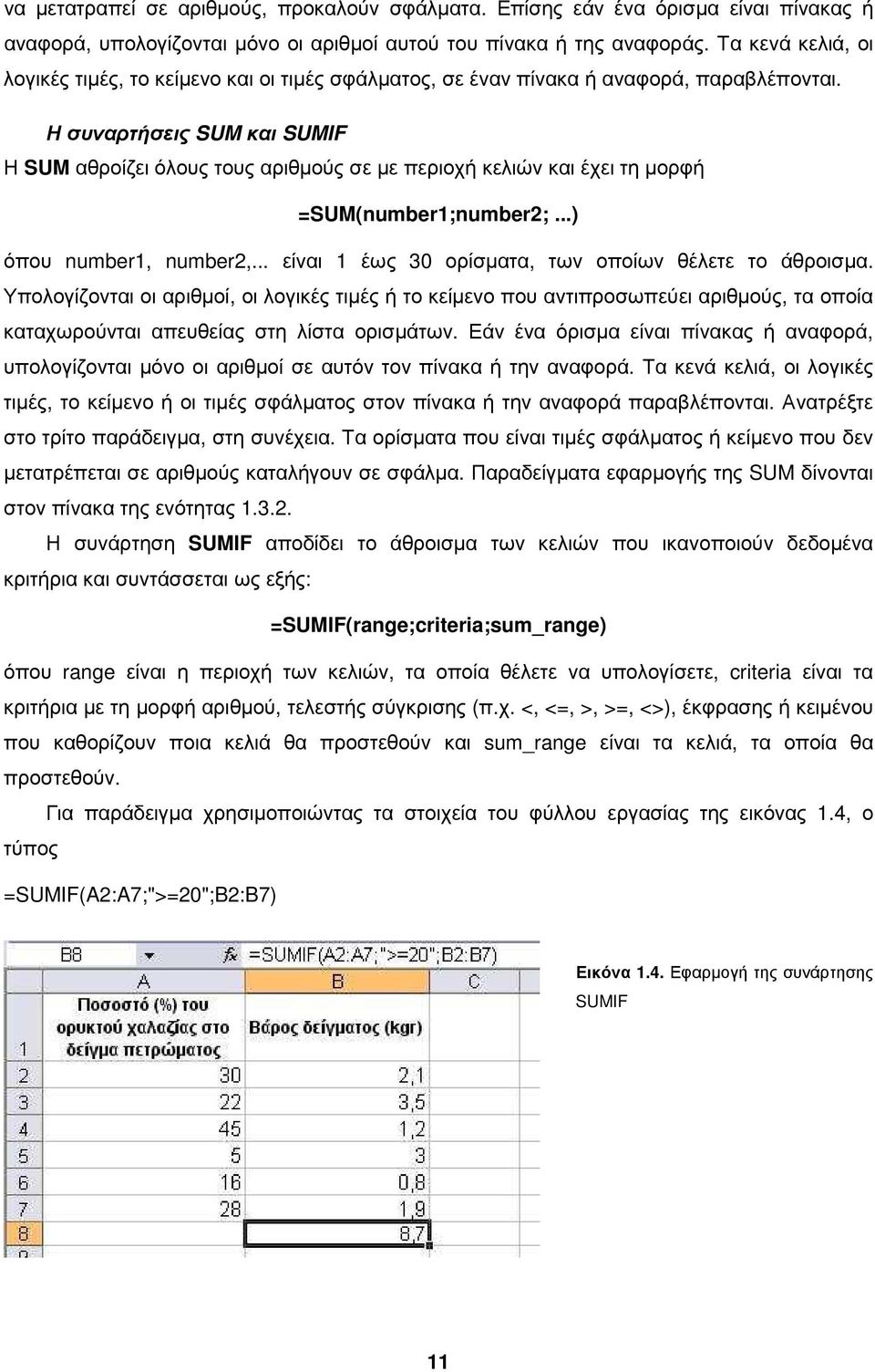 Η συναρτήσεις SUM και SUMIF Η SUM αθροίζει όλους τους αριθµούς σε µε περιοχή κελιών και έχει τη µορφή =SUM(number1;number2;...) όπου number1, number2,.