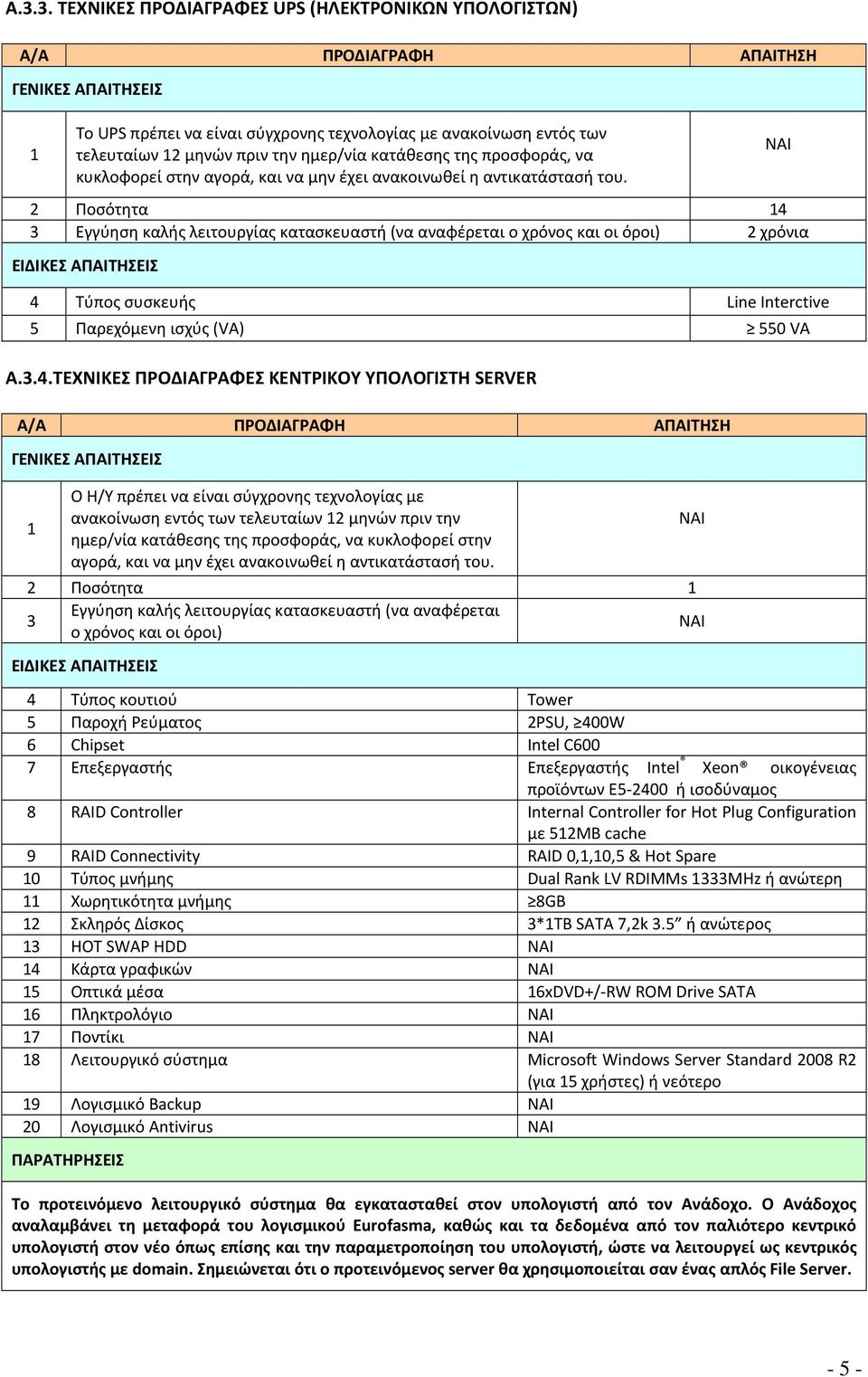 4 Εγγύηση καλής λειτουργίας κατασκευαστή (να αναφέρεται ο χρόνος και οι όροι) 2 χρόνια 4 Τύπος συσκευής Line Interctive 5 Παρεχόμενη ισχύς (VA) 550 VA Α..4.ΤΕΧΝΙΚΕΣ ΠΡΟΔΙΑΓΡΑΦΕΣ ΚΕΝΤΡΙΚΟΥ ΥΠΟΛΟΓΙΣΤΗ