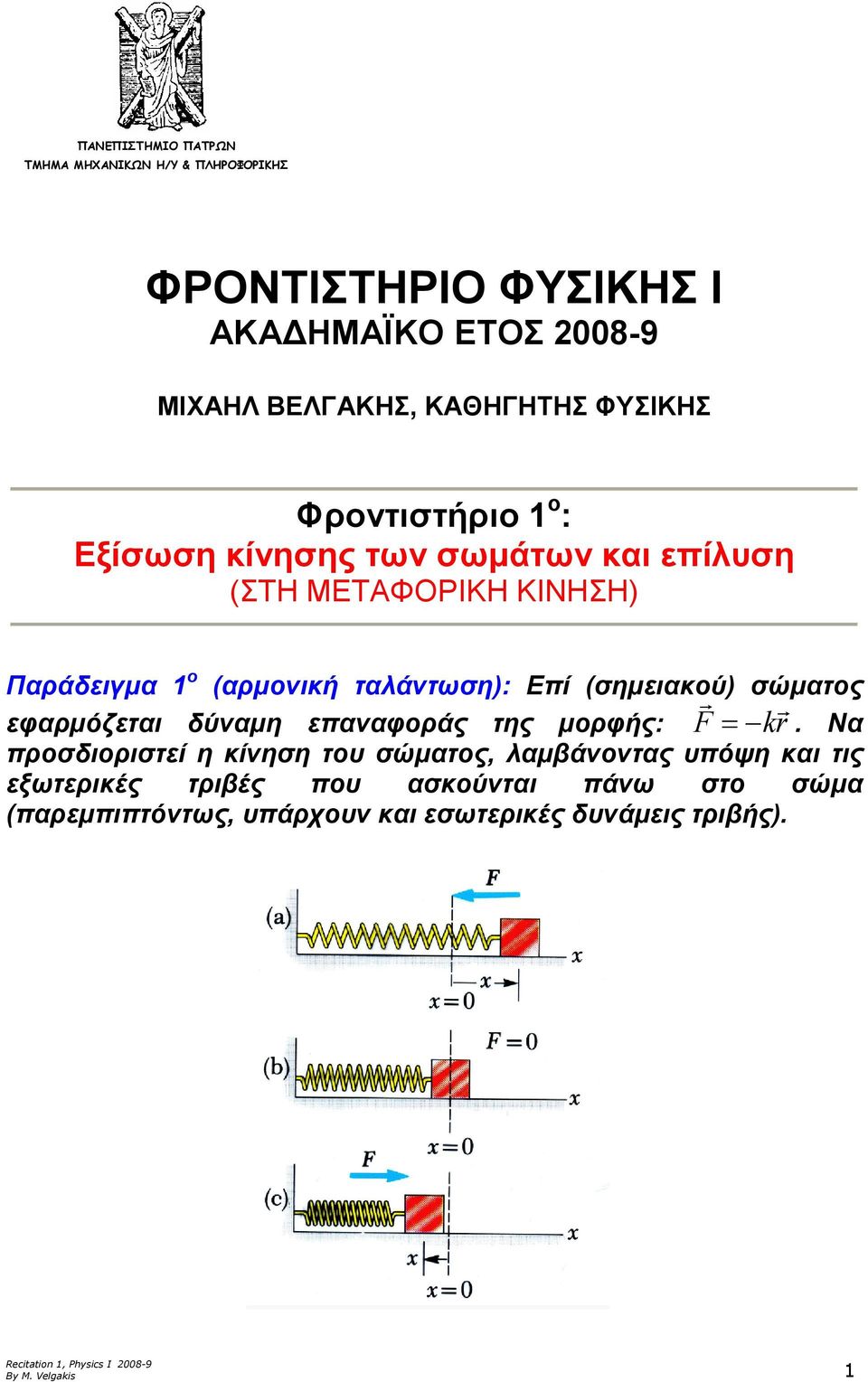 (σηµειακού σώµατος εφαρµόζεται ύναµη επαναφοράς της µορφής: =.