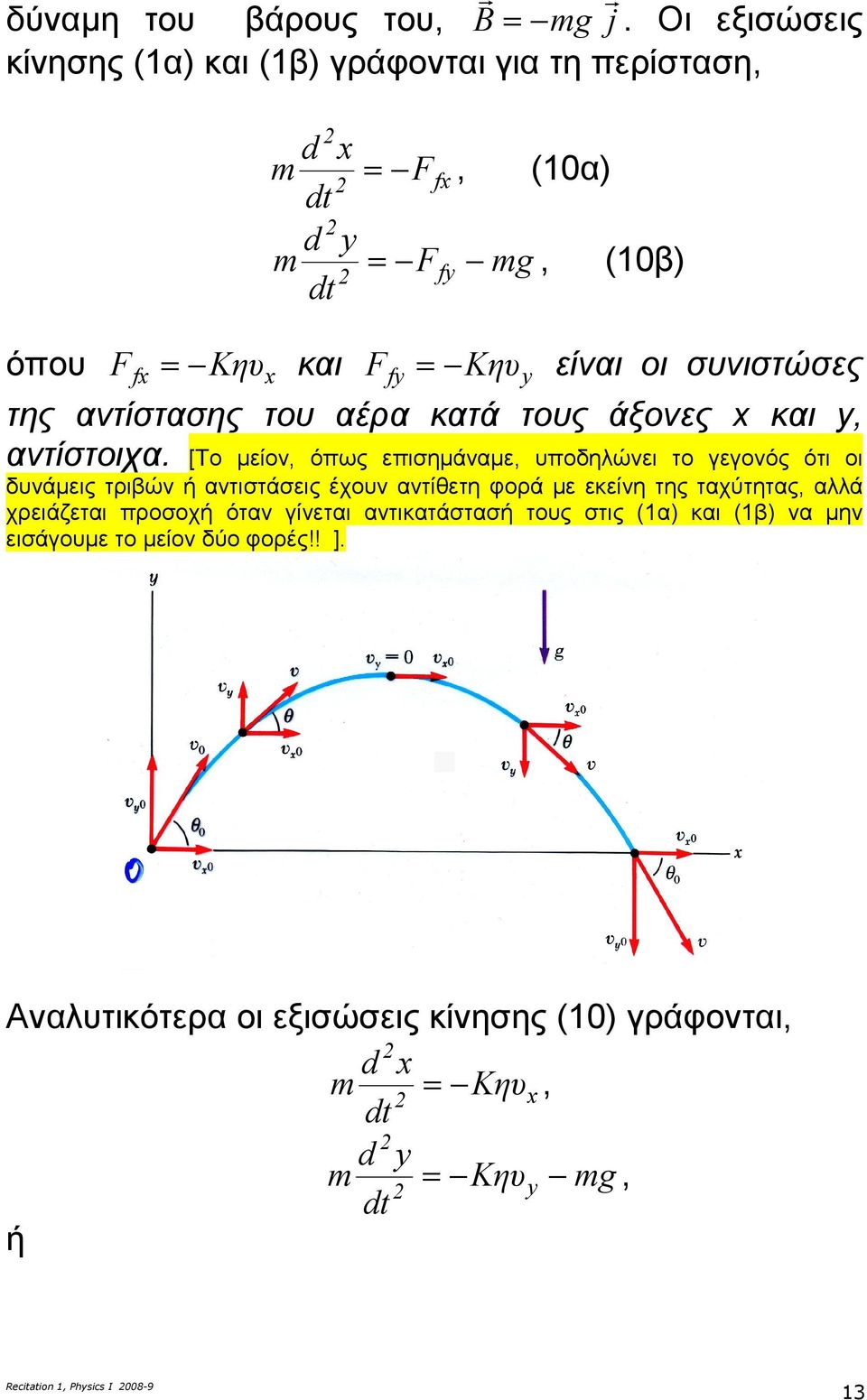 αντίστασης του αέρα κατά τους άξονες και y, αντίστοιχα.