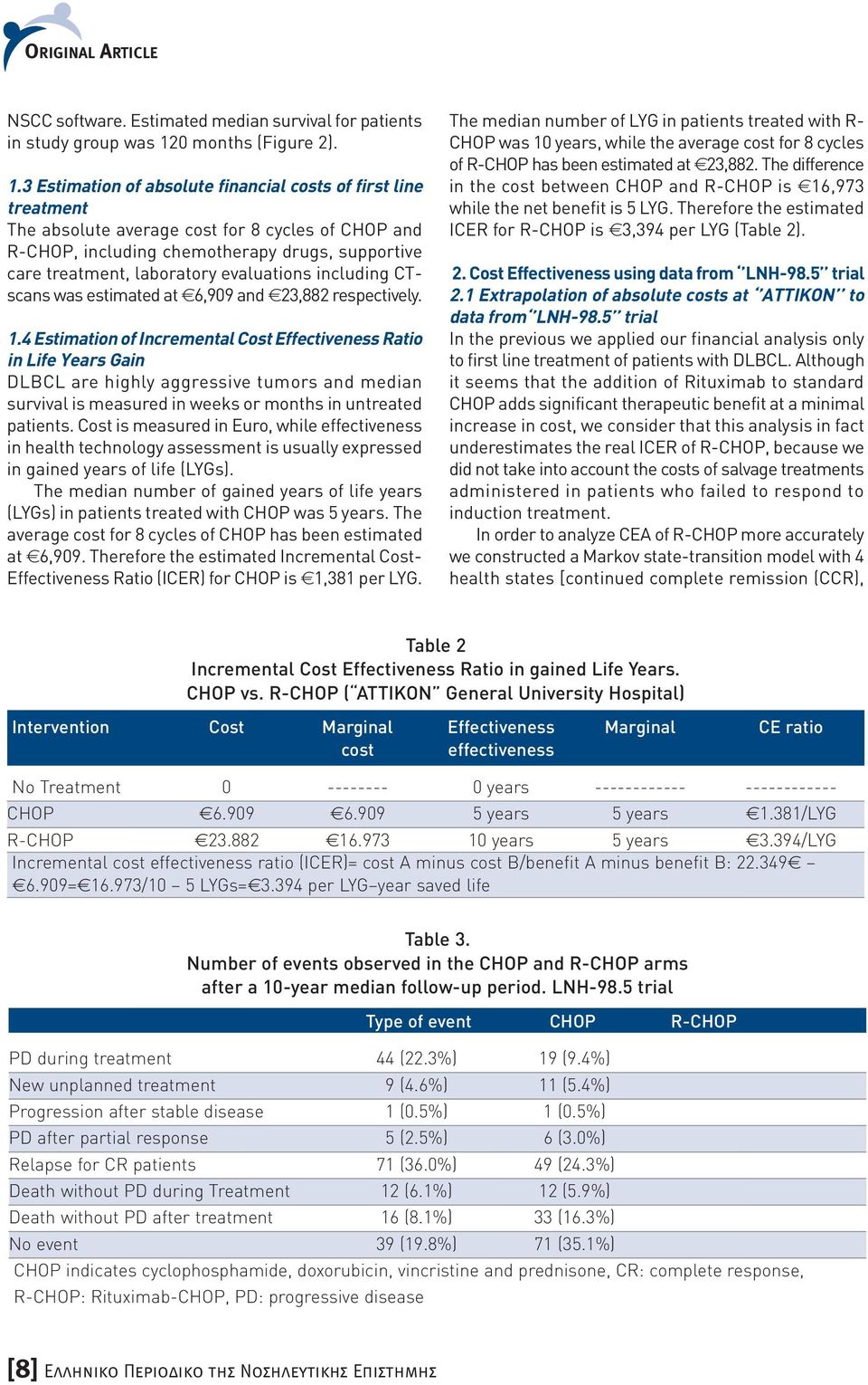 3 Estimation of absolute financial costs of first line treatment The absolute average cost for 8 cycles of CHOP and R-CHOP, including chemotherapy drugs, supportive care treatment, laboratory
