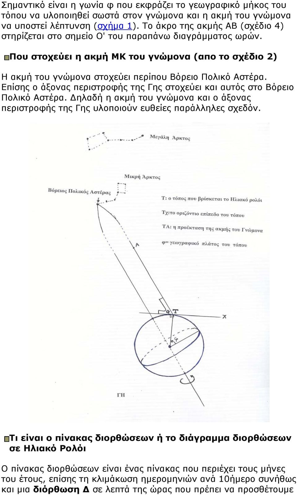 Επίσης ο άξονας περιστροφής της Γης στοχεύει και αυτός στο Βόρειο Πολικό Αστέρα. Δηλαδή η ακμή του γνώμονα και ο άξονας περιστροφής της Γης υλοποιούν ευθείες παράλληλες σχεδόν.