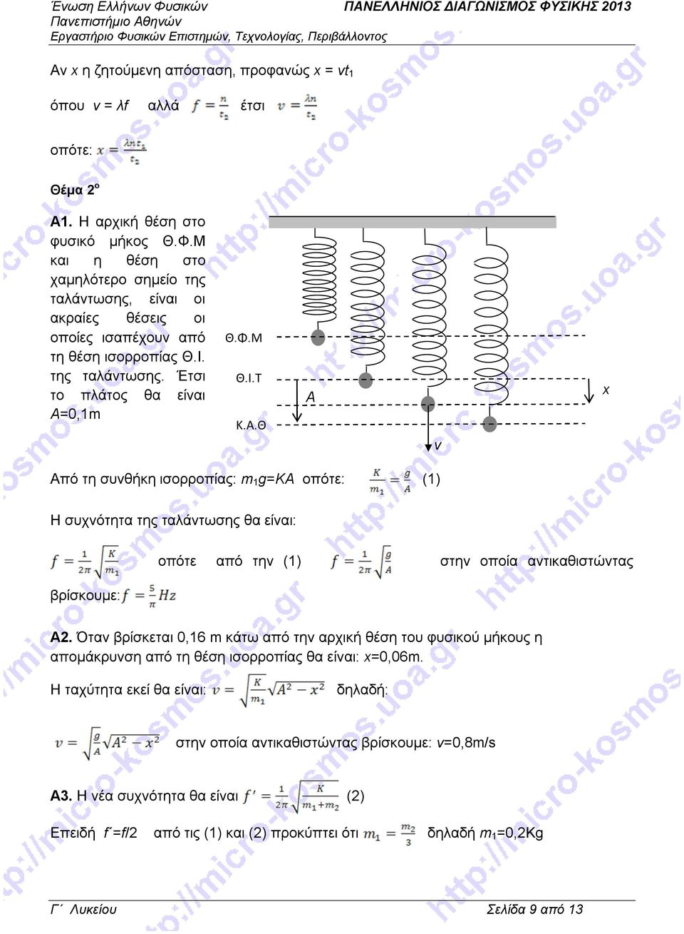 Όταν βρίσκεται 0,6 m κάτω από την αρχική θέση του φυσικού μήκους η απομάκρυνση από τη θέση ισορροπίας θα είναι: x=0,06m.