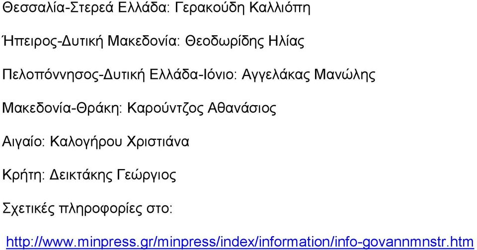 Καρούντζος Αθανάσιος Αιγαίο: Καλογήρου Χριστιάνα Κρήτη: Δεικτάκης Γεώργιος