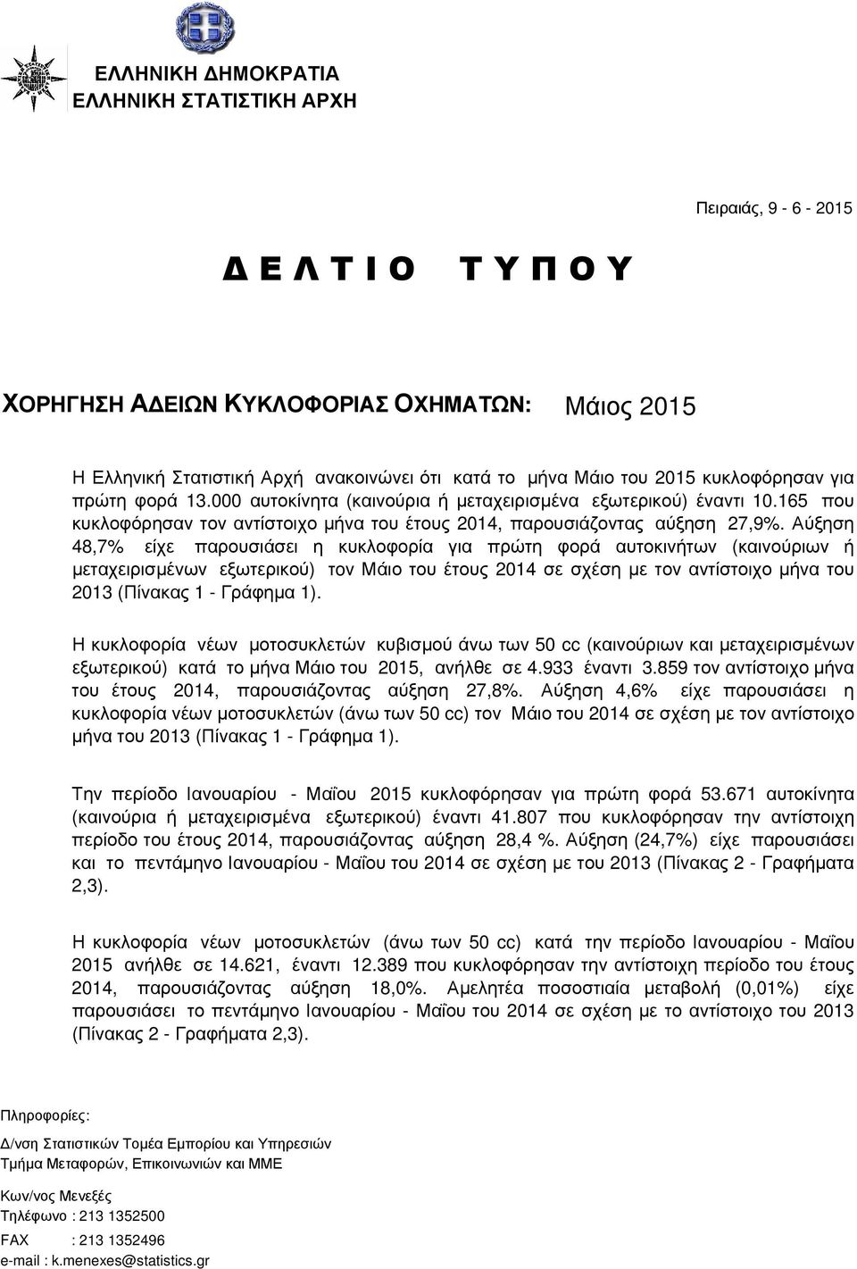 Αύξηση 48,7% είχε παρουσιάσει η κυκλοφορία για πρώτη φορά αυτοκινήτων (καινούριων ή µεταχειρισµένων εξωτερικού) τoν Μάιο του έτους 214 σε σχέση µε τον αντίστοιχο µήνα του 213 (Πίνακας 1 - Γράφηµα 1).