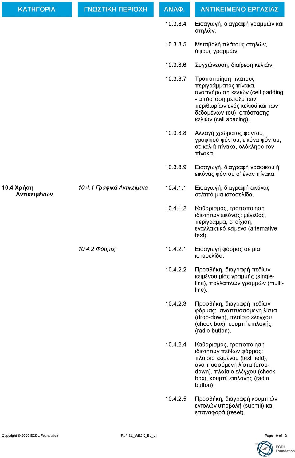 4.1 Γπαθικά Ανηικείμενα 10.4.1.1 Δηζαγσγή, δηαγξαθή εηθόλαο ζε/από κηα ηζηνζειίδα. 10.4.1.2 Καζνξηζκόο, ηξνπνπνίεζε ηδηνηήησλ εηθόλαο: κέγεζνο, πεξίγξακκα, ζηνίρηζε, ελαιιαθηηθό θείκελν (alternative text).