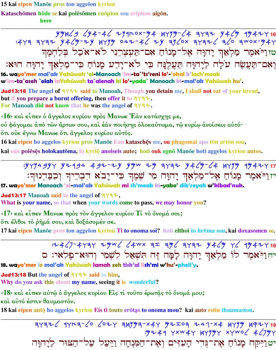 µu-¹ 16. wayo mer mal ak Yahúwah el-manoach im-ta` ts reni lo - okal b lach meak w im-ta`aseh `olah layahúwah ta`alenah ki lo -yada` Manoach ki-mal ak Yahúwah hu.