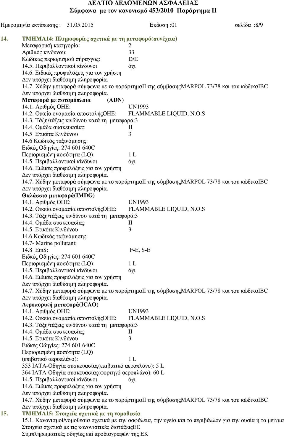 Οικεία ονοµασία αποστολήςοηε: FLAMMABLE LIQUID, N.O.S 14.3. Τάξη/τάξεις κινδύνου κατά τη µεταφορά:3 14.4. Οµάδα συσκευασίας: ΙΙ 14.5 Ετικέτα Κινδύνου 3 14.