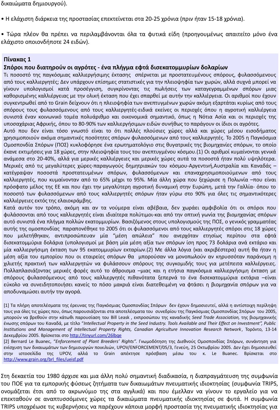 Πίνακας 1 Σπόροι που διατηρούν οι αγρότες - ένα πλήγμα εφτά δισεκατομμυρίων δολαρίων Τι ποσοστό της παγκόσμιας καλλιεργήσιμης έκτασης σπέρνεται με προστατευμένους σπόρους, φυλασσόμενους από τους