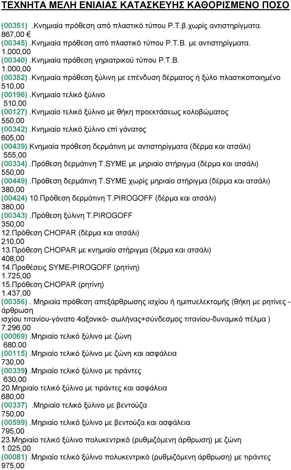 Κλεκηαίν ηειηθφ μχιηλν κε ζήθε πξνεθηάζεσο θνινβψκαηνο 550,00 (00342).Κλεκηαίν ηειηθφ μχιηλν επί γφλαηνο 605,00 (00439).Κλεκηαία πξφζεζε δεξκάηηλε κε αληηζηεξίγκαηα (δέξκα θαη αηζάιη) 555,00 (00334).