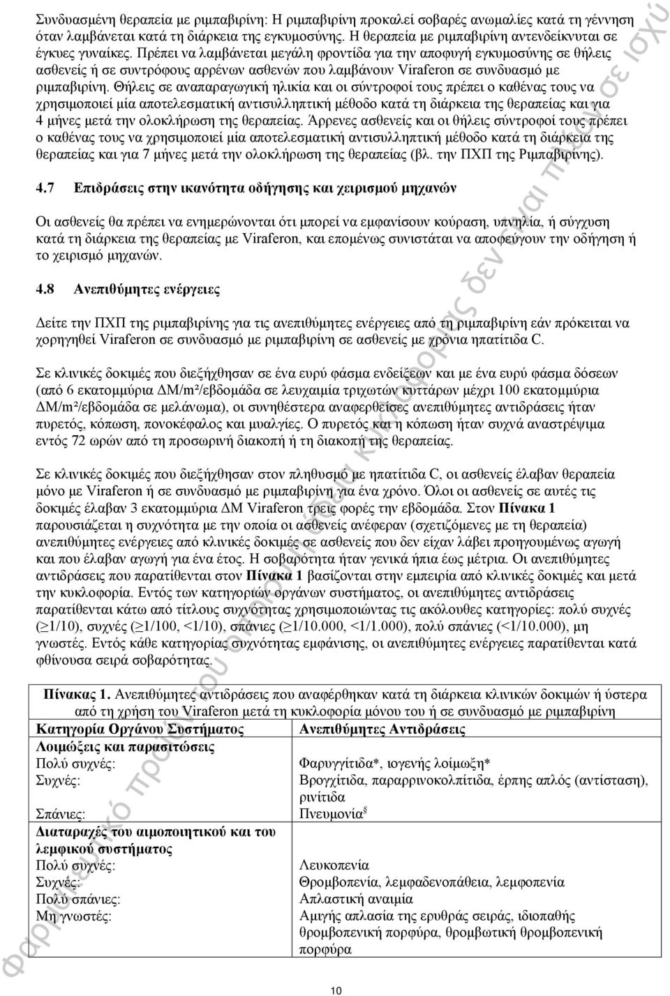 Πρέπει να λαμβάνεται μεγάλη φροντίδα για την αποφυγή εγκυμοσύνης σε θήλεις ασθενείς ή σε συντρόφους αρρένων ασθενών που λαμβάνουν Viraferon σε συνδυασμό με ριμπαβιρίνη.