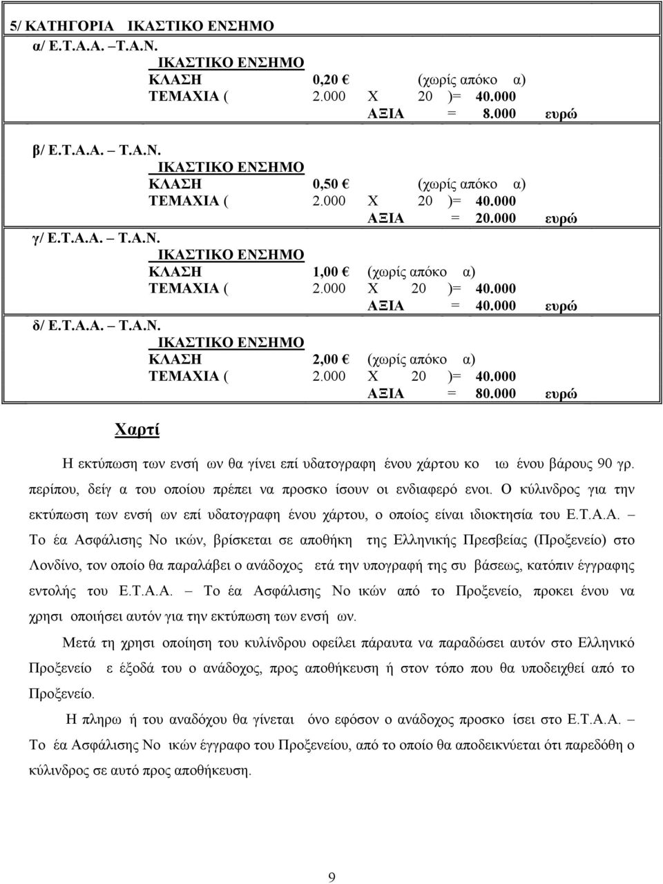 000 Χ 20 )= 40.000 ΑΞΙΑ = 80.000 ευρώ Χαρτί Η εκτύπωση των ενσήμων θα γίνει επί υδατογραφημένου χάρτου κομμιωμένου βάρους 90 γρ. περίπου, δείγμα του οποίου πρέπει να προσκομίσουν οι ενδιαφερόμενοι.