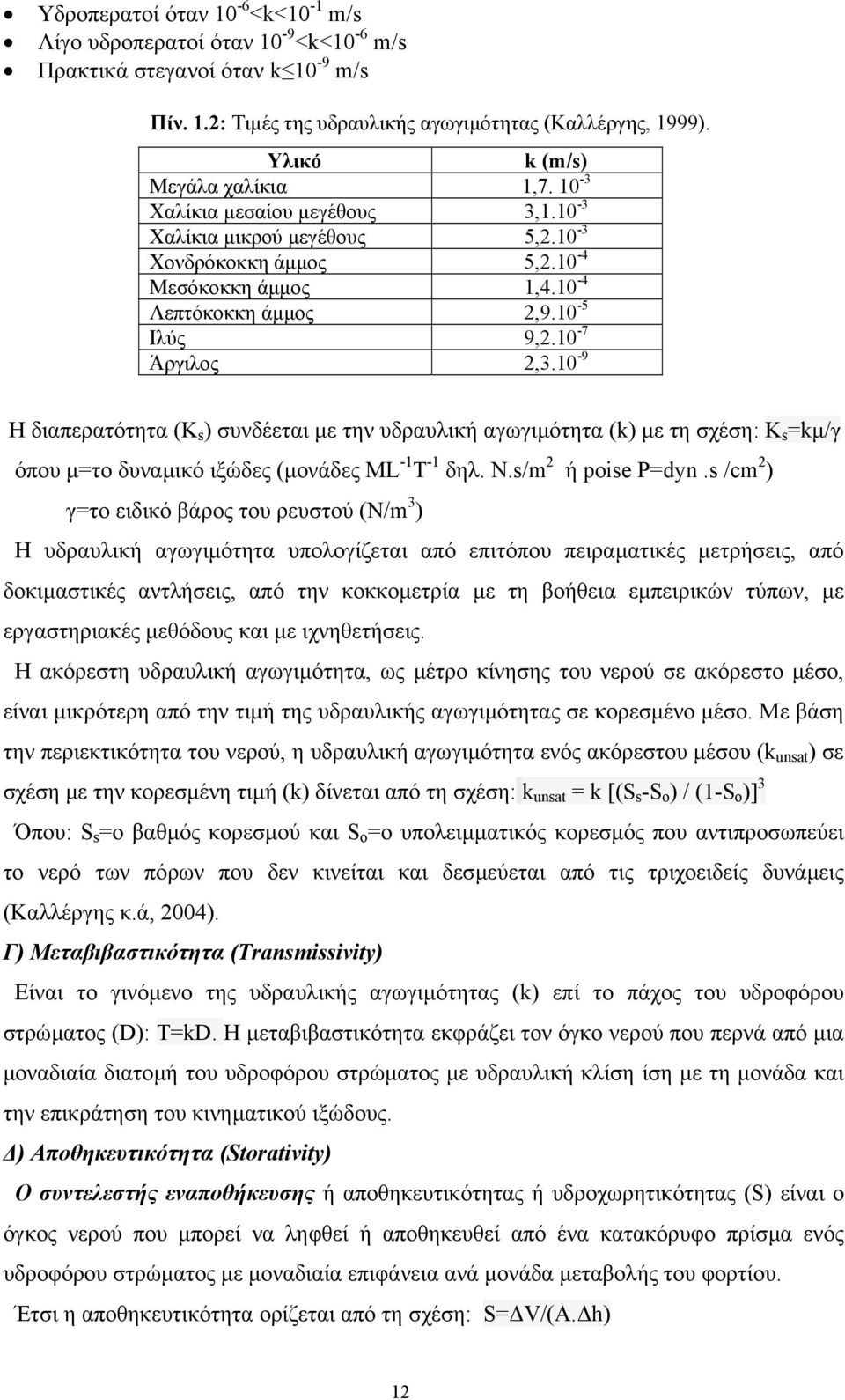 10-7 Άργιλος 2,3.10-9 Η διαπερατότητα (Κ s ) συνδέεται µε την υδραυλική αγωγιµότητα (k) µε τη σχέση: Κ s =kµ/γ όπου µ=το δυναµικό ιξώδες (µονάδες ML -1 T -1 δηλ. Ν.s/m 2 ή poise P=dyn.