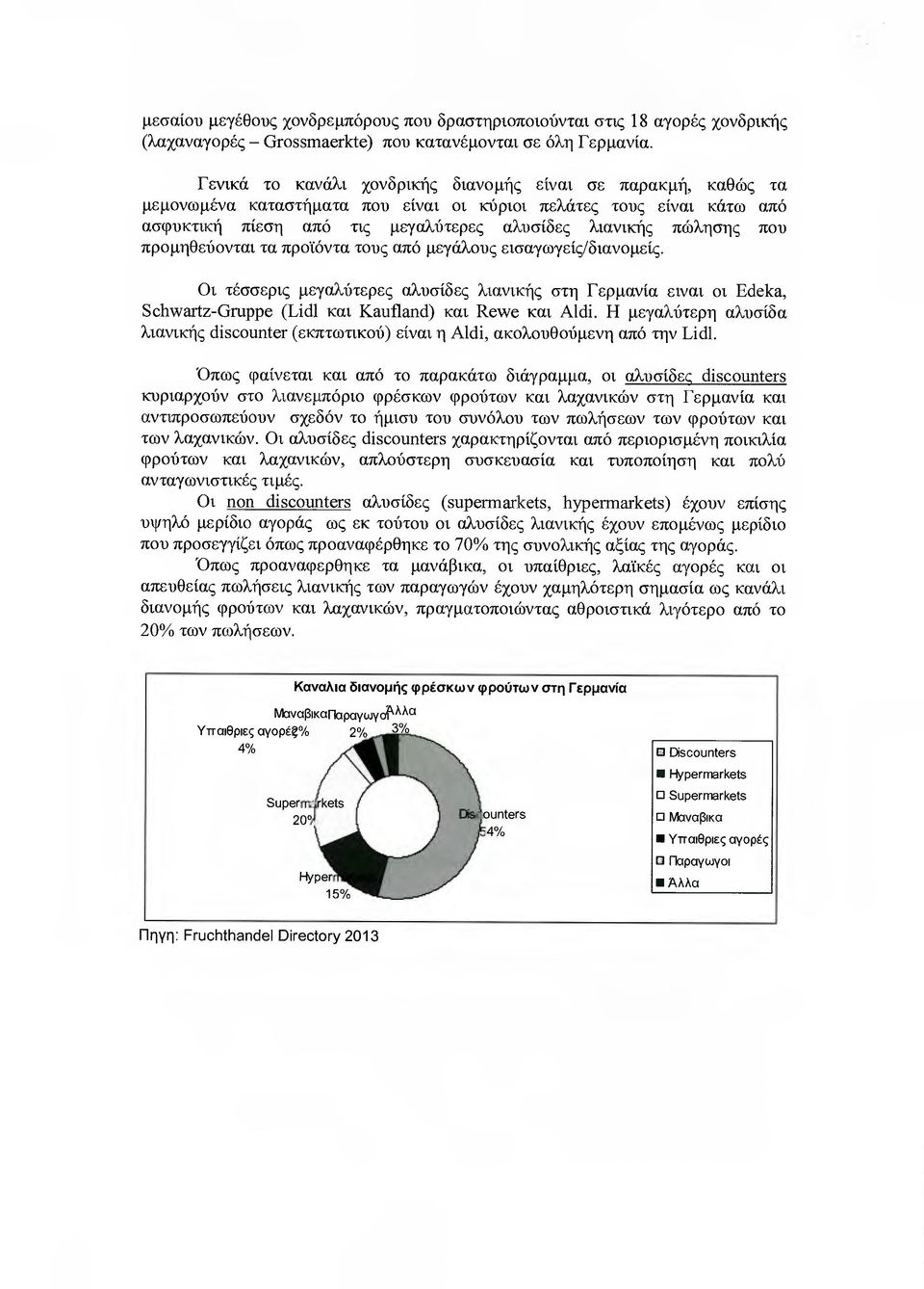 προµηθεύονται τα προϊόντα τους από µεγάλους εισαγωγείς/διανοµείς. Οι τέσσερις µεγαλύτερες αλυσίδες λιανικής στη Γερµανία ειναι οι Edeka, Schwartz-Gruppe (Lidl και Kaufland) και 1ν και Aldi.