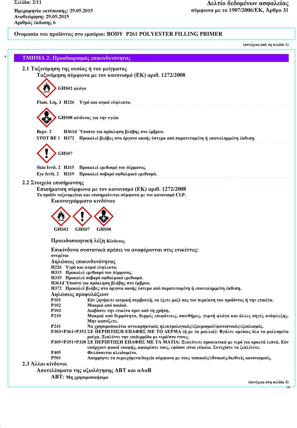 STOT RE 1 H372 Προκαλεί βλάβες στα όργανα ακοής ύστερα από παρατεταμένη ή επανειλημμένη έκθεση. GHS07 Skin Irrit. 2 H315 Προκαλεί ερεθισμό του δέρματος. Eye Irrit.