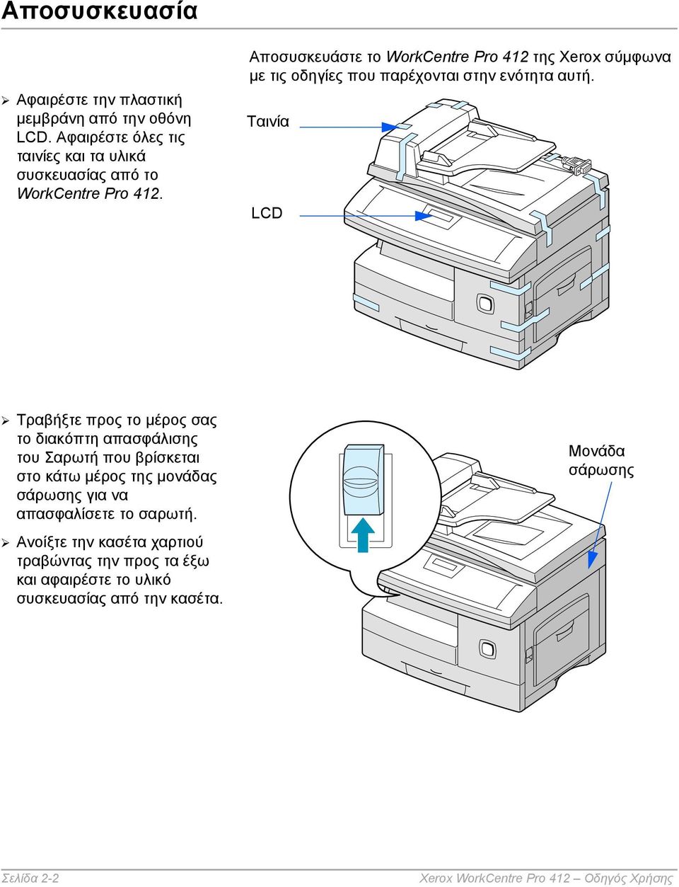 Αποσυσκευάστε το WorkCentre Pro 412 της Xerox σύµφωνα µε τις οδηγίες που παρέχονται στην ενότητα αυτή.