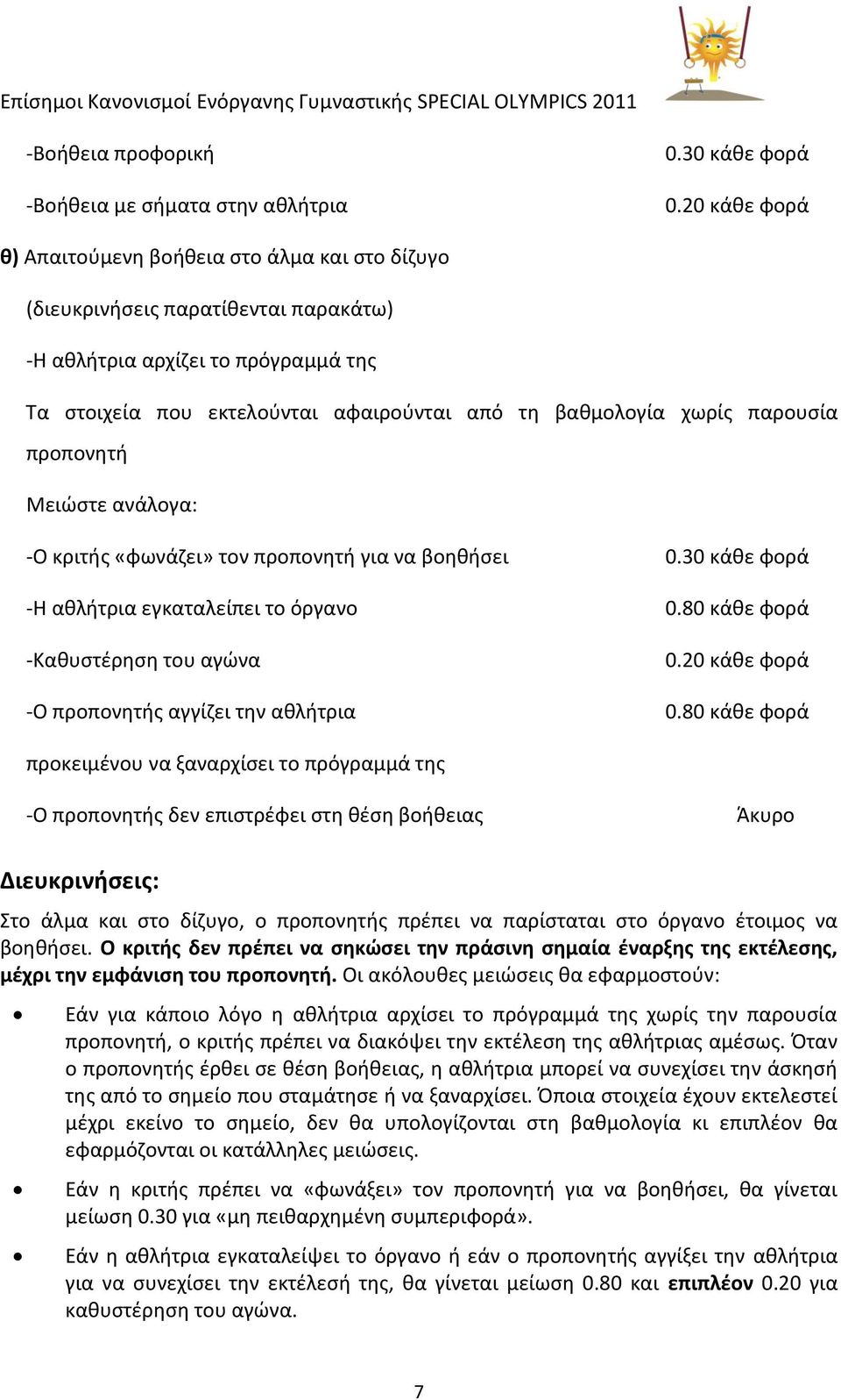 παρουςία προπονθτι Μειϊςτε ανάλογα: -Ο κριτισ «φωνάηει» τον προπονθτι για να βοθκιςει 0.30 κάκε φορά -Η ακλιτρια εγκαταλείπει το όργανο 0.80 κάκε φορά -Κακυςτζρθςθ του αγϊνα 0.