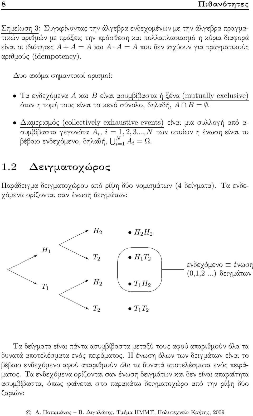 Διαμερισμός (collectively exhaustive events) είναι μια συλλογή από α- συμβίβασταγεγονότα A i, i = 1,2,3...,N τωνοποίωνηένωσηείναιτο βέβαιοενδεχόμενο,δηλαδή, N i=1 A i = Ω. 1.2 Δειγματοχώρος Παράδειγμα δειγματοχώρου από ρίψη δύο νομισμάτων(4 δείγματα).